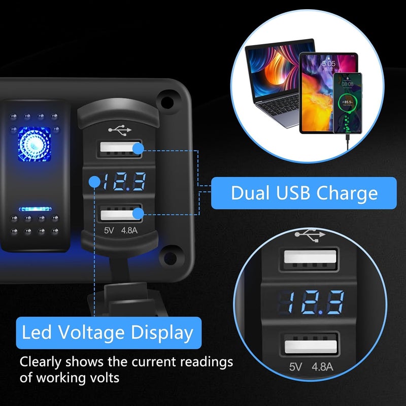 NORTHYUN 4 Gang Rocker Switch Panel with 4.8 A Dual USB Charger and Voltmeter Pre-Wired Waterproof 12V/24V DC Aluminum Switch Panel with 132PCS Night Glow Stickers for Cars UTVs ATVs Trucks Boats RVs - Image 5